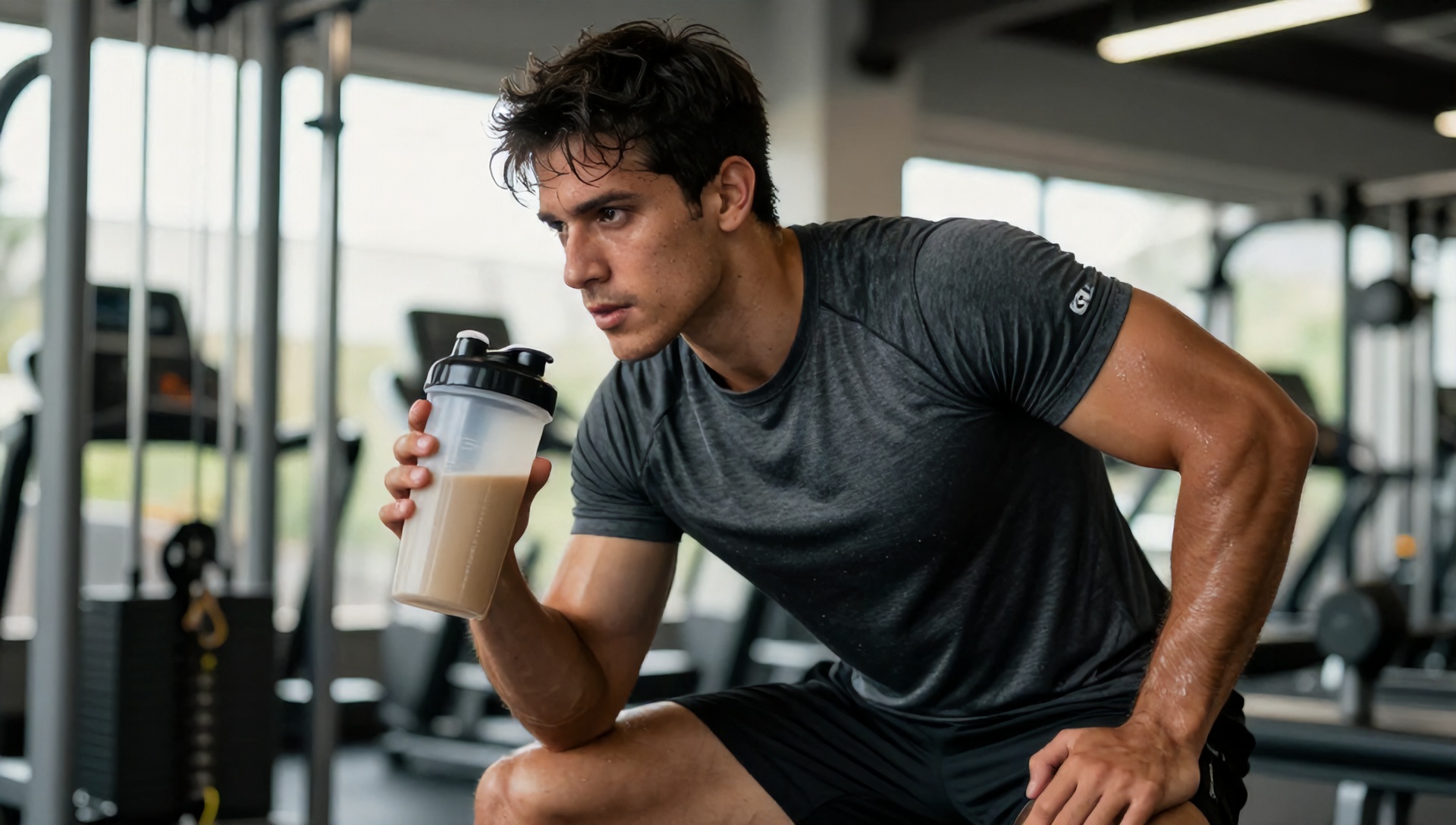 Atleta bebendo whey protein concentrado após o treino
