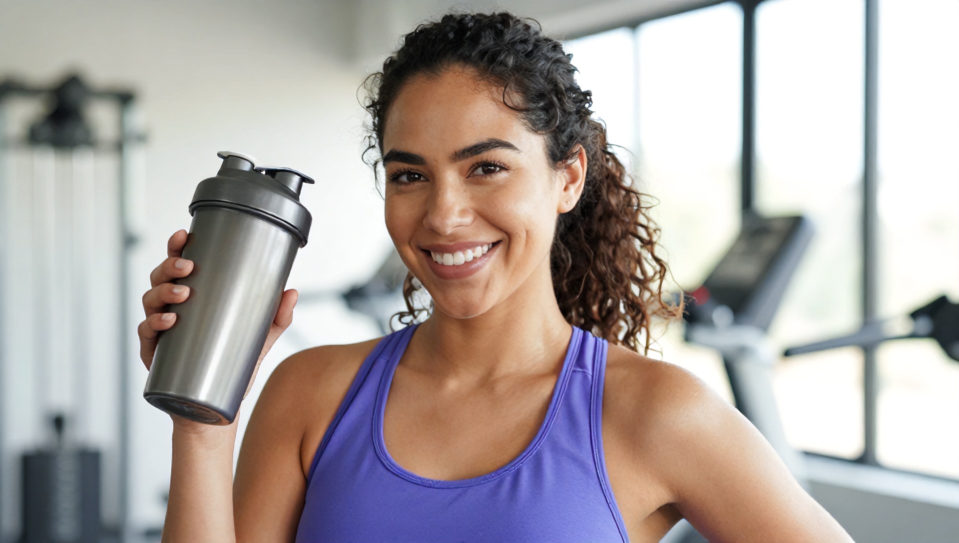 Mulher atlética sorrindo ao segurar um shaker de whey protein