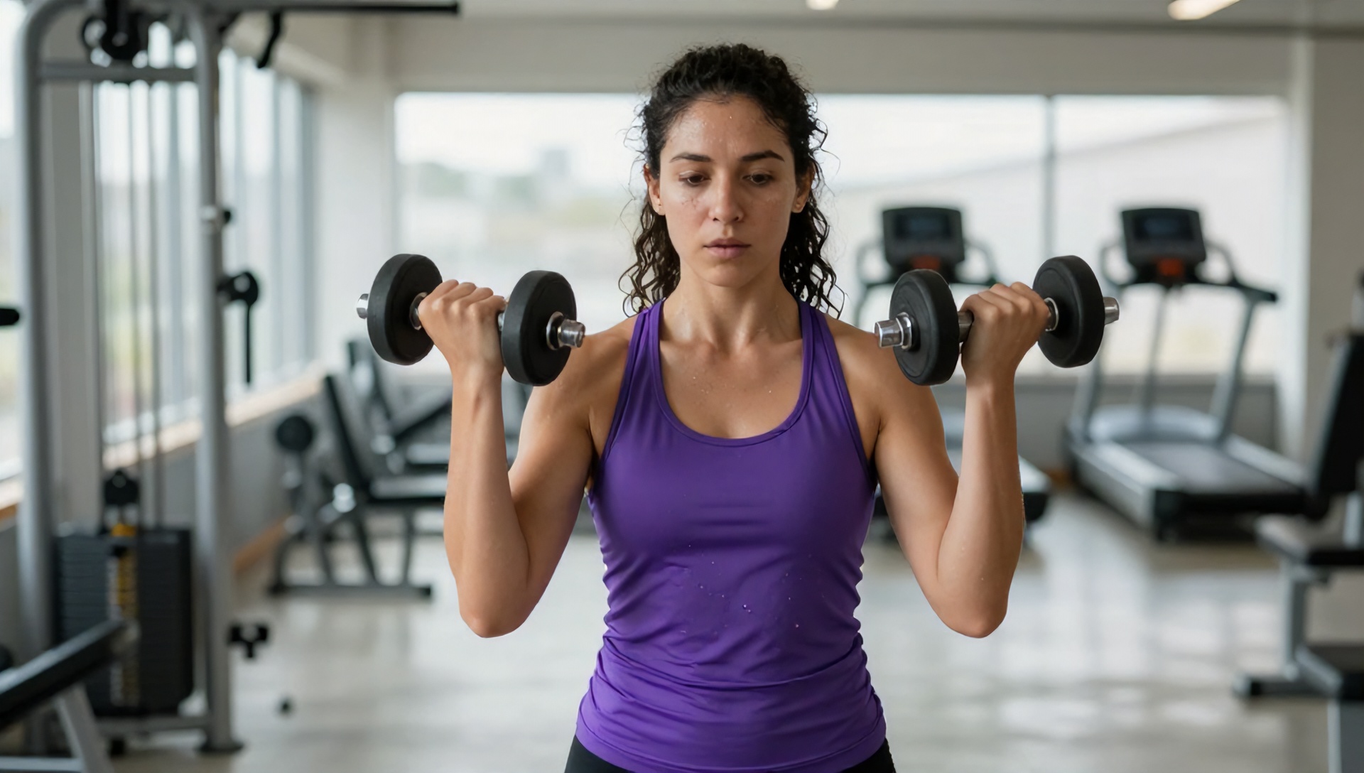 Mulher fazendo exercício de braço com halteres em uma academia moderna