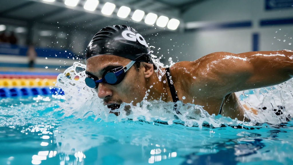 Nadador em piscina olímpica mostrando braçada e propulsão na água