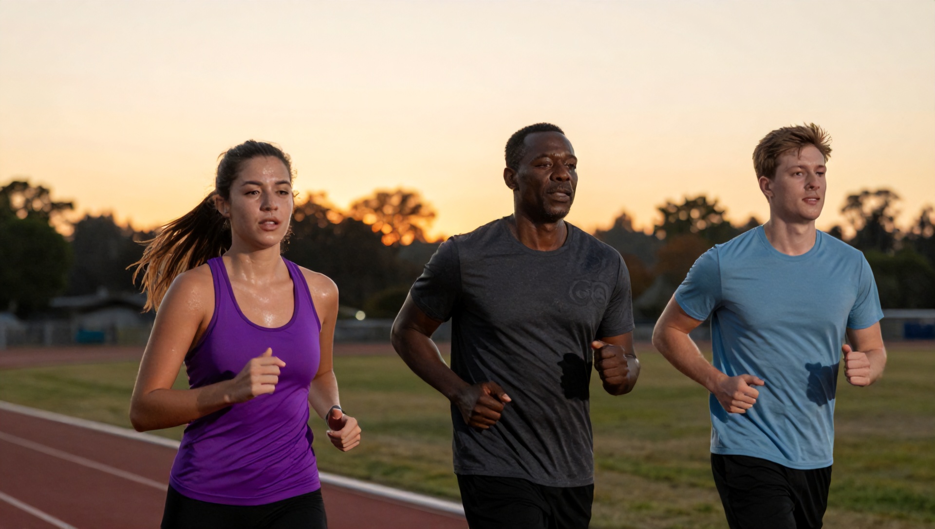 Três pessoas, uma mulher latina e dois homens, correndo em uma pista de atletismo ao pôr do sol. A mulher veste um top atlético roxo, um dos homens uma camiseta cinza escura com um sutil logo 'GQ', e o outro uma camiseta azul clara. O suor é visível em seus rostos. O fundo mostra árvores desfocadas contra um céu dourado e nebuloso. A imagem é um close-up médio, capturando o movimento e a luz quente do sol.