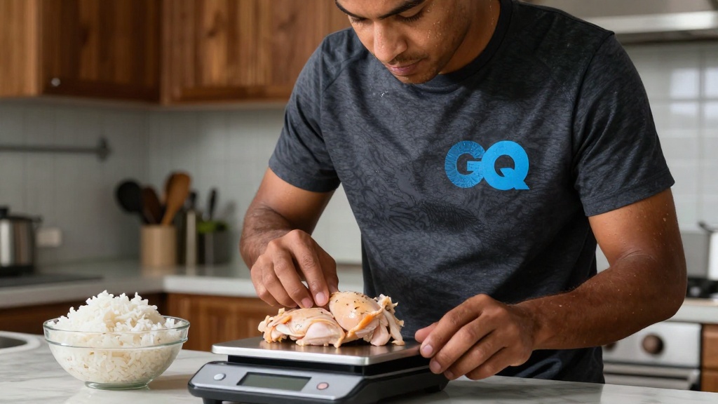 Atleta pesando porção de frango e arroz na balança de cozinha