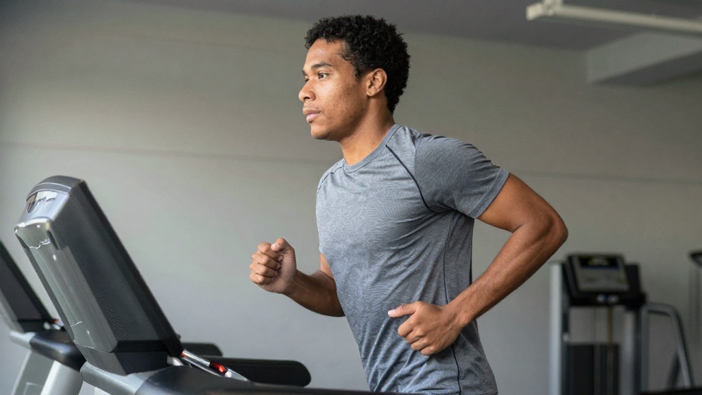 Atleta masculino correndo na esteira com camiseta dry-fit