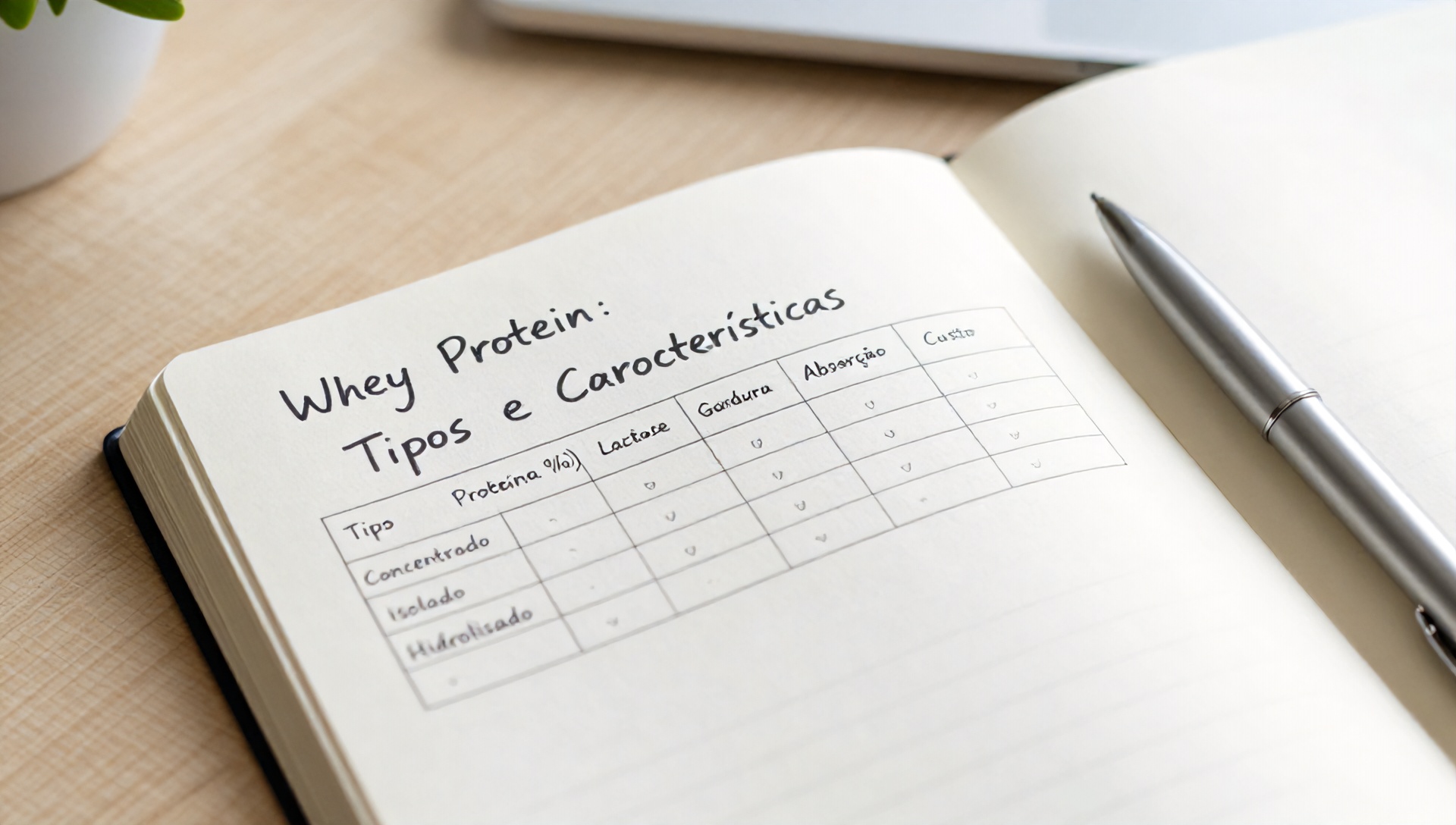 Tabela comparativa de Whey Protein em um caderno de anotações com caneta