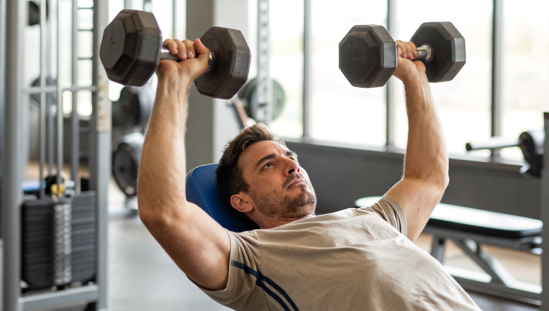 Um homem com diabetes tipo 2 exercitando-se com halteres em uma academia